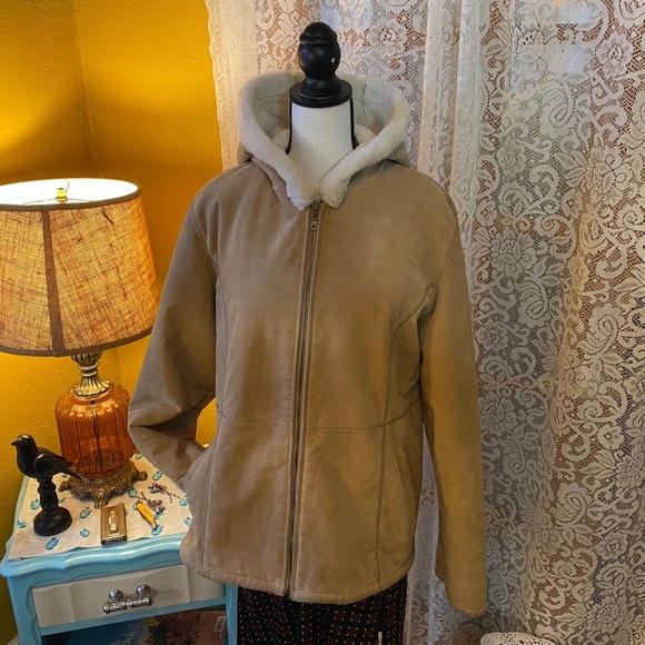 Vintage 90’s Fabio Heavy Authentic Hooded Suede Ladies Coat w/ Sherpa Lining - L - Picture 1 of 12